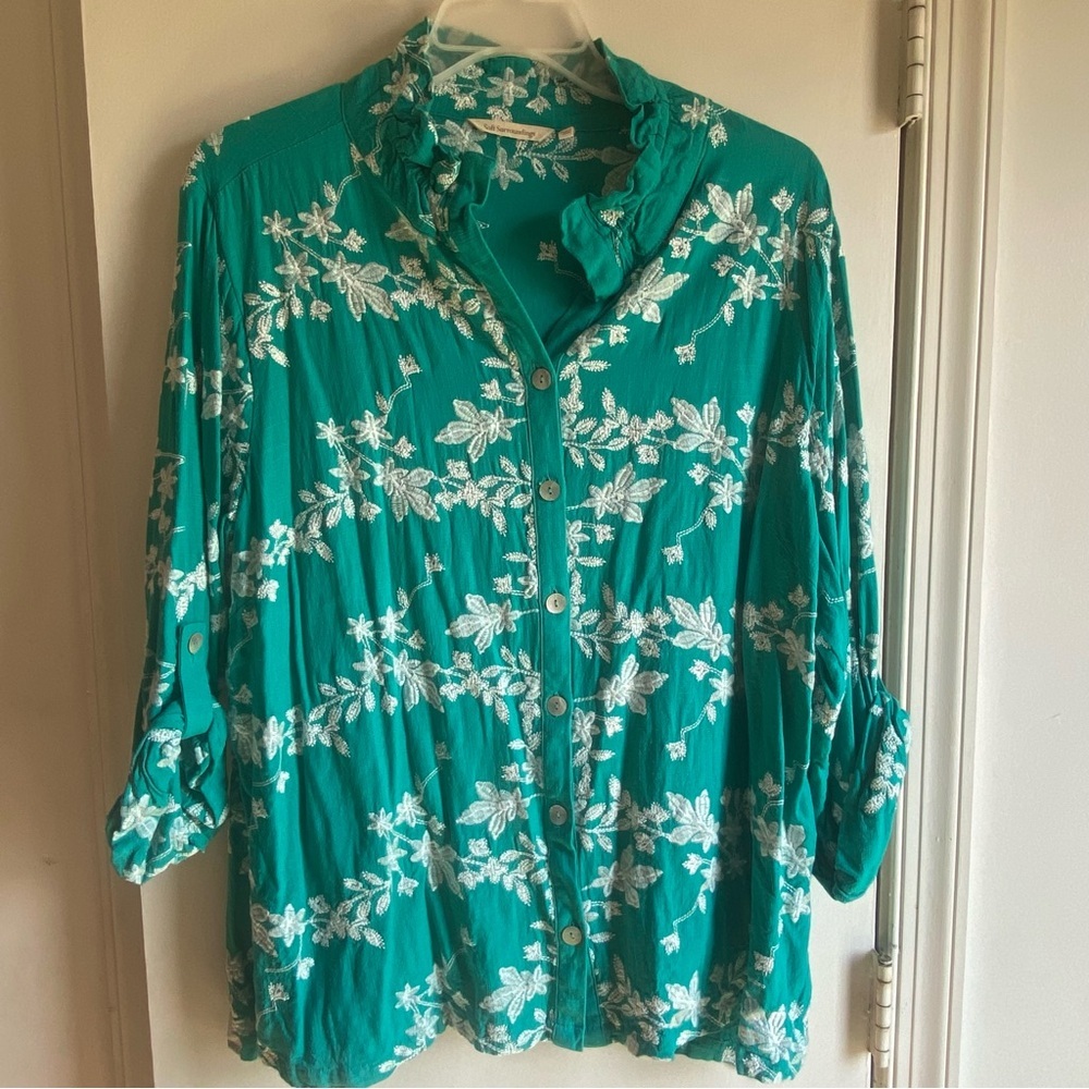 Soft Surroundings‎ Isla Verde Top Floral Embroidered Linen Blend Teal Boho 3X